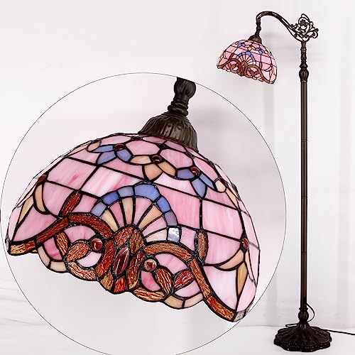 WERFACTORY Tiffany Floor Lamp Pink Stained Glass Arched Lamp 12X18X64 Inches - Gooseneck Adjustable Standing Reading Light - S003P Series