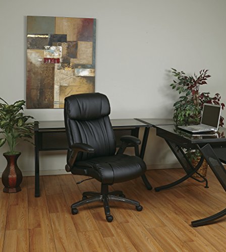 Office Star High Back Bonded Leather Executives Chair with Padded Flip Arms and Titanium Coated Accents, Black