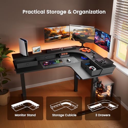ErGear 63" L Shaped Gaming Desk with 3 Drawers, Standing Desk Height Adjustable - Black