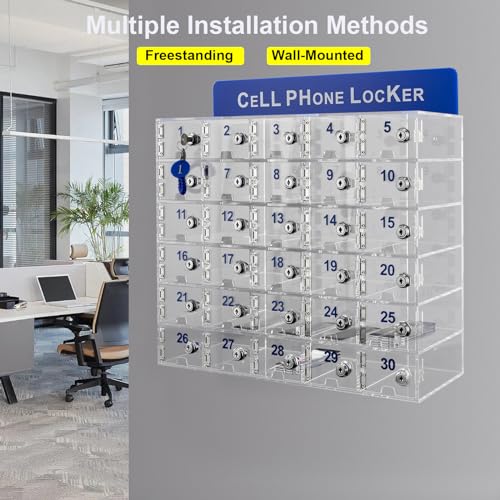 HaroldDol Cell Phone Locker with Charging Slot, Acrylic Storage Cabinet (30 Slots)