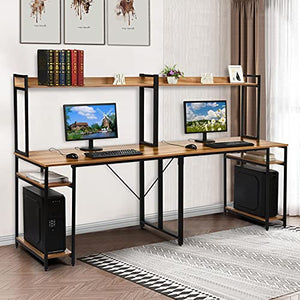 94.5 inches Computer Desk with Hutch, Extra Long Two Person Desk with Storage Shelves, Double Workstation Office Desk Table Study Writing Desk for Home Office (Brown)