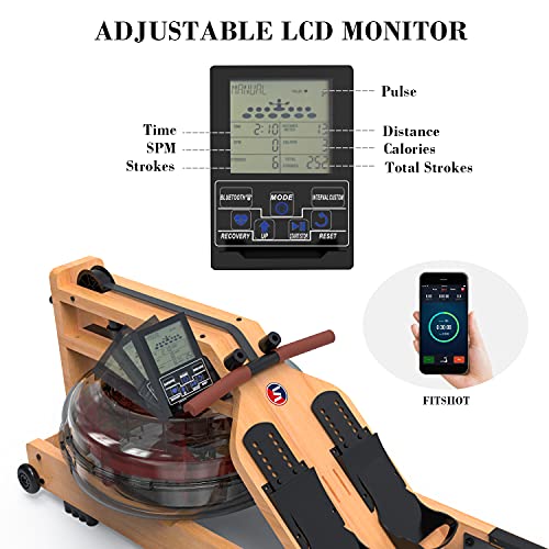 SNODE 2021 Wood Water Rowing Machine with APP, Foldable Rowing Machine for Home Use with LCD Monitor, Water Resistance Wood Rower Indoor Exercise Machine, Soft Seat, Home Fitness Workout