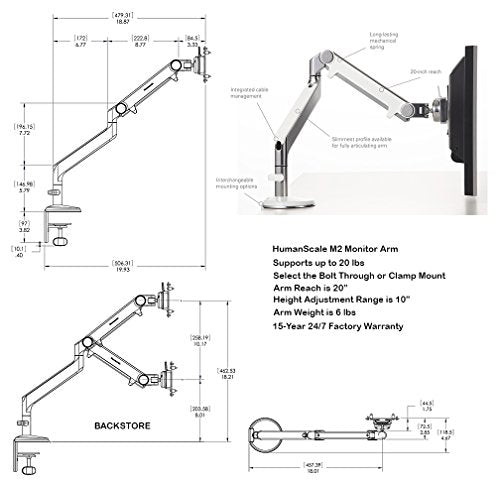 Humanscale Monitor Arm: M2 - Fixed Angled/Dynamic Arm - Standard Ball Joint
