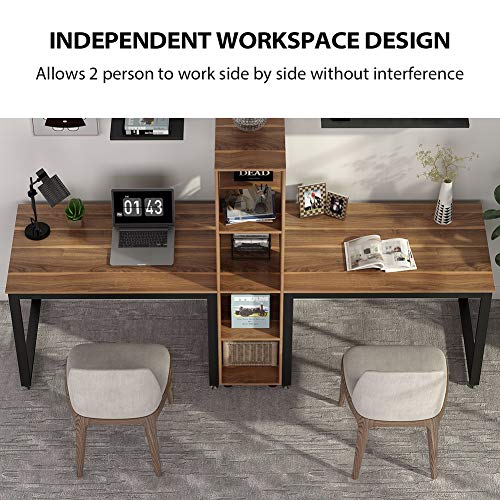 Tribesigns 91 Inches Two Person Computer Desk with Shelves, Extra Large Double Workstations Office Desk with Storage for Home Office (Dark Walnut)