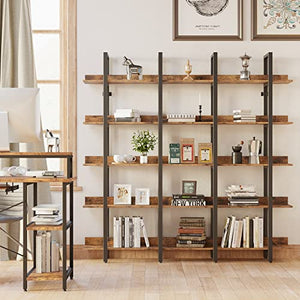IRONCK Triple Wide 5-Tier Bookcase and Bookshelves with Back Fence, Vintage Brown