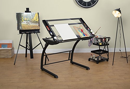 SD STUDIO DESIGNS Triflex Drawing Table, Sit to Stand Up Adjustable Office Home Computer Desk, 35.25" W X 23.5" D, Charcoal Black/Clear Glass