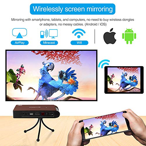 Mini DLP Wireless Pico Projector, 3D Portable WiFi Projector with Rechargeable Battery Auto Keystone/HDMI/USB, Compatible with iPhone, Android, Laptop for Home Theater, Outdoor Movies