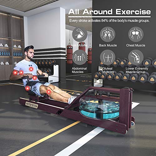 Hotsystem Water Rowing Machine for Home Use, Water Adjustable Resistance Wood Rower with LED Moniter for Whole Body Exercise Indoor Cardio Training