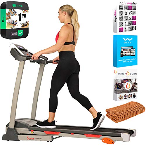 Sunny Health and Fitness SF-T4400 Folding Treadmill with Digital Monitor, Shock Absorption and Incline Bundle with Tech Smart USA Fitness and Wellness Suite, Sport Towel and Extended Protection Plan