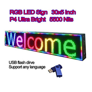 P4 Ultra Bright 5500Nits 30" x 5" 192 x 32 Pixels Full Color Semi Outdoor LED Sign RGB LED Display Programmable Scrolling Message Board for Window