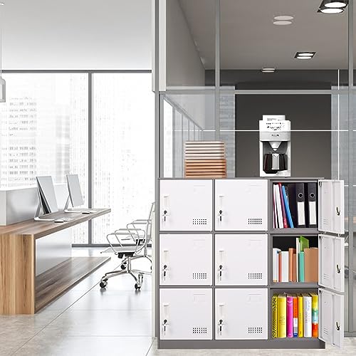 iCHENGGD Metal Locker 9 Door Storage Cabinet with Lock and Ventilation, Grey