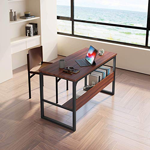 Coleshome Teak Computer Desk with Hutch Bookshelf, 55" Office Desk with Storage Drawers, Super Sturdy Writing Desk for Home Office