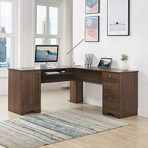 Thaweesuk Shop New Walnut Executive L Shaped Office Desk Furniture Corner Computer Shape Workstation Home Sturdy MDF Board with Glossy Veneer 66" L x 66" W x 30.3" H of Set