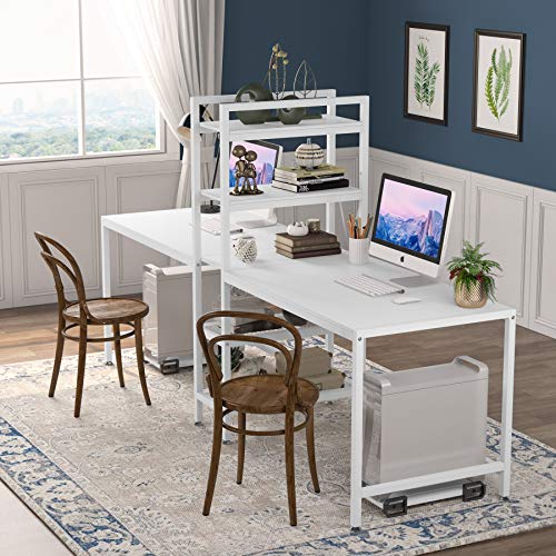 Tribesigns Two Person Computer Desk with Bookshelf, 89 Inches Office Double Desk with 2 CPU Stands, Rustic Writing Desk Workstation Table with Shelves for Home Office for Two Person (White)