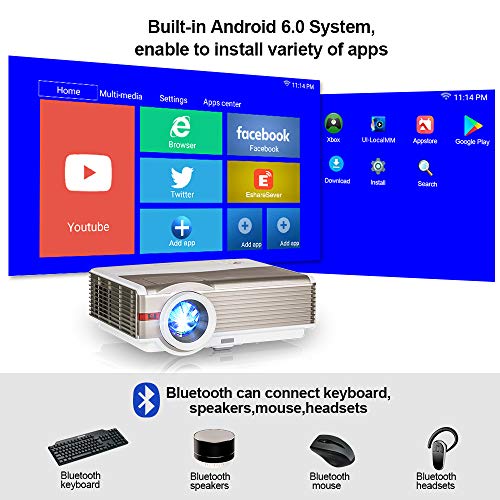EUG LCD Bluetooth HDMI Projector 5000 Lux High Brightness Wireless Home Cinema Theater Video Projectors Support Full HD 1080P Airplay WiFi, Compatible with USB VGA Blu ray DVD PC PS4 TV Stick