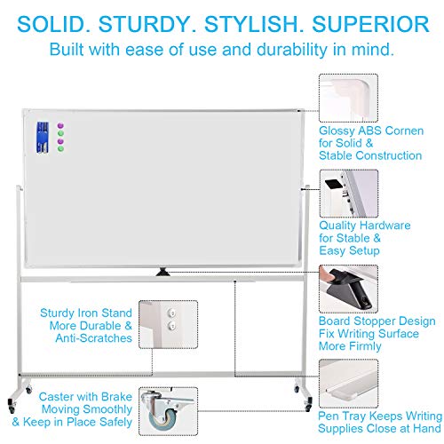 Double-Sided Large Mobile Whiteboard Magnetic Dry Erase Board, 72" X 40" Commercial Grade Quality, Aluminium Frame with Quick Flip Over Feature