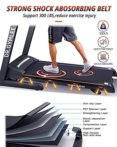 DR.GYMLEE Folding Treadmill for Home,with 15% Automatic Incline,300LBS Weight Capacity,Easy Assembly Electric Motorized Running Machine Use with LCD Screen/Heart Rate Monitor/Phone Cup Holder - 9028S