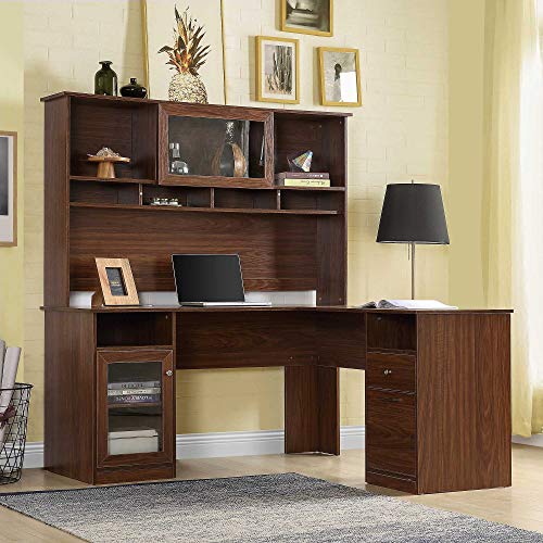 Home Office L-Shaped Desk with Hutch and Glass Doors, Writing Workstation with Storage Shelves and File Cabinet for Home Office | Bookshelf Dual Positioning Options (Brown)