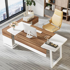 Tribesigns Executive Desk and Lateral File Cabinet Set, Large L-Shaped Computer Desk with Storage, White/Walnut