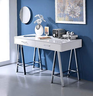 Knocbel 54in Contemporary Computer Desk with Storage Drawers, Built-in USB Port and Socket, Home Office Workstation Writing Table with Metal Legs (High Gloss White and Chrome)