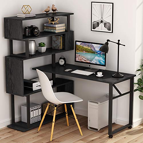Tribesigns Rotating Computer Desk with 5 Shelves Bookshelf, Modern L-Shaped Corner Desk with Storage, Reversible Office Desk Study Table Writing Desk on Wheels for Home Office (Black)