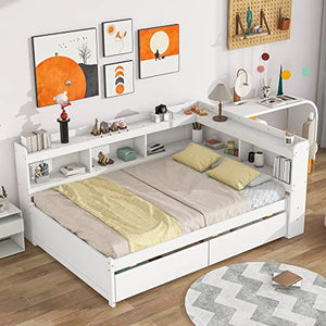 HomSof Full-L White Bed with L-Shaped Bookcases and Drawers