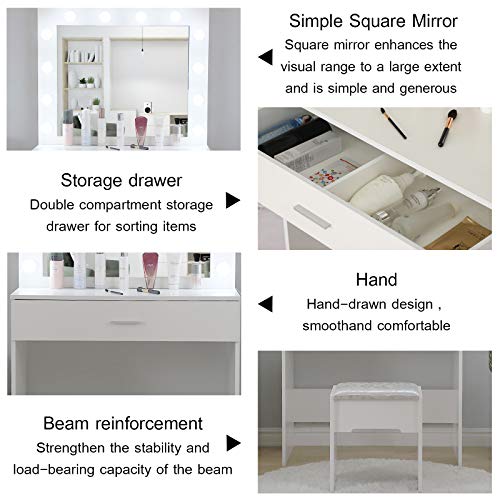 Onefa Makeup Vanity Table with Lighted Mirror, Cushioned Stool, Dressing Table, Vanity Makeup Table Set for Girl and Women, Vanity Dressing Table Set with Big Drawer