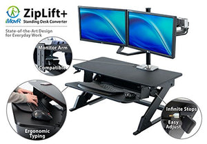 iMovR ZipLift+ Classic 35" Standing Desk Converter with Ergonomic Tilting Keyboard Tray in Black with EverMat Standing Mat