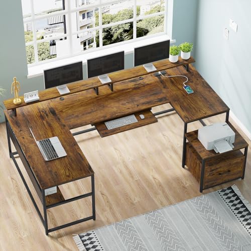 SEDETA Reversible L Shaped Home Office Desk with File Drawer & Power Outlet