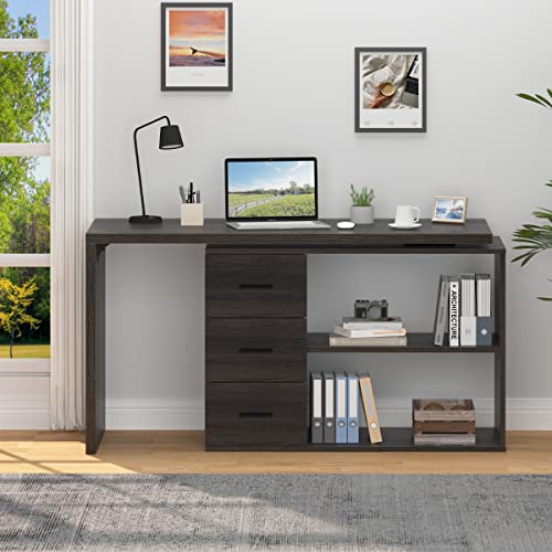 HSH L Shaped Computer Desk with Drawers, 360 Rotating, Industrial Home Office Desk - Dark Wood, 55 Inch
