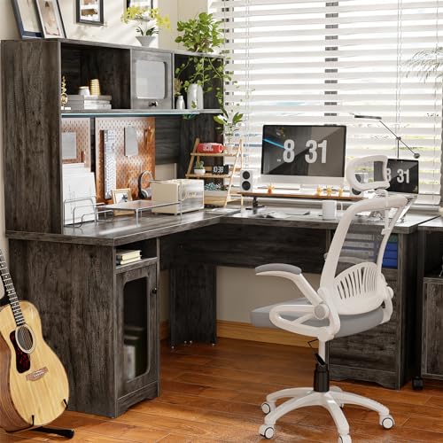 Unikito Large L-Shaped Office Desk with Drawers, Hutch, Power Outlet, and LED Lights - 60 Inch Gray Oak