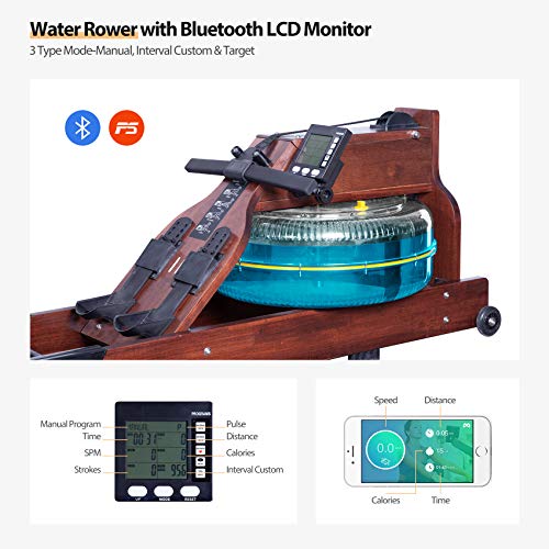 Water Rowing Machine, TopMade Oak Wood Water Adjustable Resistance Rower for Home Gym Workout Foldable Indoor Exercise Water Row Machine Fitness Equipment Bluetooth LCD Monitor Wooden Rower Machine