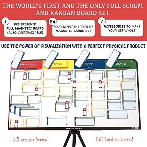 Kanban Board Magnetic, Scrum Board Magnetic Kit, Full Magnetic Project Management Board by pmxboard. 84 Piece Kanban Magnets, Kanban Cards, Scrum Cards Agile Kit. Project Planning Task Board Scrum Kit