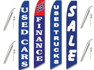 4 Swooper Flags & Pole Kits Used Car Truck Auto Dealer Finance Sale Blue White