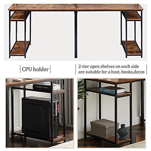 Extra Long Double Computer Desk Home Office Desk Workstation with 4-tier Storage Shelf for 2 Persons, Retro Wood Study Desk Writing Table with Spacious Tabletop & Adjustable Feet for Small Space Brown