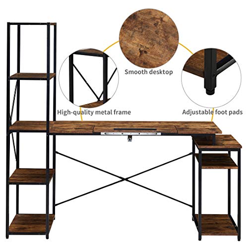 65.3''L-Drafting Table Multi-Function Drawing Table with Adjustment Table Board Computer Desk Writing Desk Workstation for Office Home with Bookshelves Hutch Rusty
