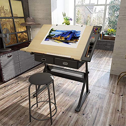 Lgan Drafting Table with Storage, Height Adjustable Tiltable Art Desk, Maple Panel Drawing Desk, for Work Study Painting Craft Table
