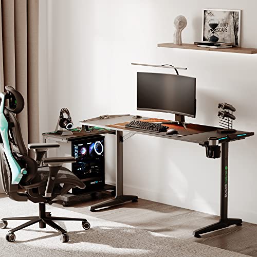 EUREKA ERGONOMIC 55 Inch RGB LED Gaming Desk with Free Mouse Pad, USB Ports, Cup Holder - Black