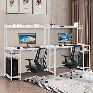 Two Person Computer Desk with Hutch and Storge Shelves, 94.5 inches Double Workstation Desk Extra Large Home Office Desk Multifunction Writing Desk (White)