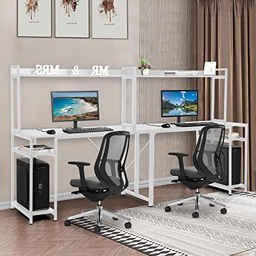 Two Person Computer Desk with Hutch and Storge Shelves, 94.5 inches Double Workstation Desk Extra Large Home Office Desk Multifunction Writing Desk (White)