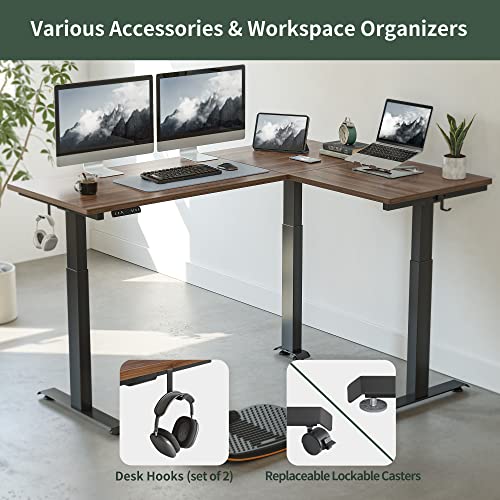 FEZIBO Triple Motor L-Shaped Electric Standing Desk, 63 Inches Height Adjustable, Splice Board, Black Frame/Black Walnut - Sit Stand Workstation