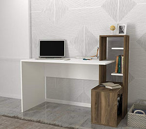 MAKENZA Serra Office Desk Modern Living Room Furniture with Adjustable Shelves & One Hidden Cabinet, Writing Workstation Table Compatible for Home, Office Study (White-Walnut)