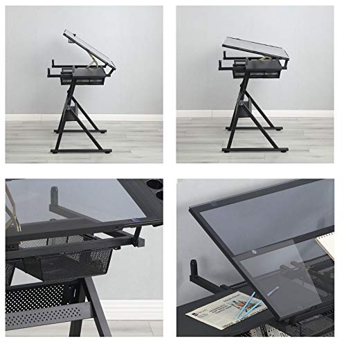 L-sister Perfect Embellishment Studio Design Folding Innovative Glass Table 40 Inch Drafting Table Craft Table Adjustable Toughened Glass Drafting and Printing Table Studio Table with Drawers Easy to