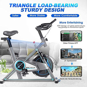 ANCHEER Stationary Exercise Bike, Indoor Cycling Bike Belt Drive system with APP, Adjustable Resistance, Heart rate sensor bar, Phone Holder, Comfortable Cushion, Quiet for Home Gym Cardio Exercise