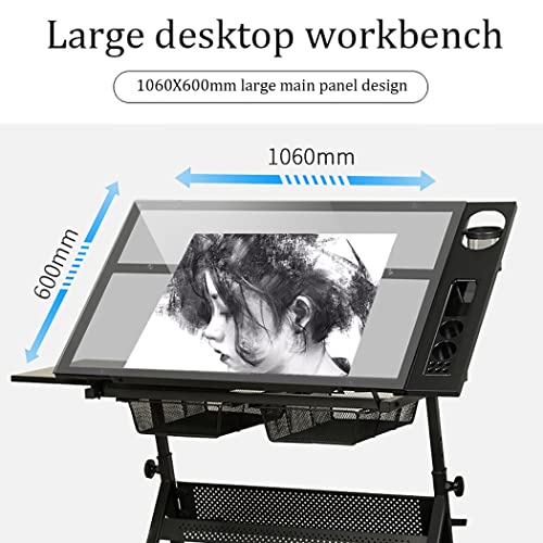 EESHHA Folding Drawing Table Drafting Desk with Adjustable Height and Tempered Glass Top