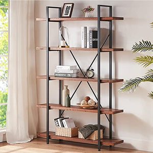 HSH Industrial Rustic 5 Tier Wood Bookcase, Distressed Brown