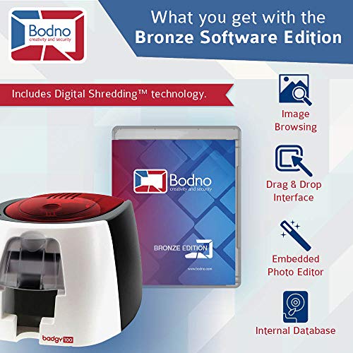 Badgy100 ID Card Printer with Complete Supplies Package with Bodno ID Software - Bronze Edition