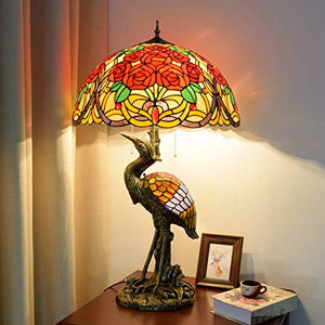 Xihe Tiffany Antique Table Lamp 20" Male Bird Desk Lamp with Colored Roses Glass Lampshade