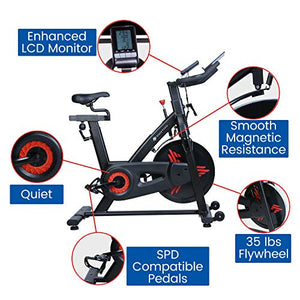 Finer Form Indoor Exercise Bike with 35 Lb Flywheel Belt-Driven Stationary Bike - Tablet iPad Holder, LCD Monitor, Cadence Reading, and SPD Compatible Pedals