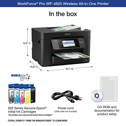 Epson Workforce Pro WF 4820 Wireless All-in-One Color Inkjet Printer, Black - Print Scan Copy Fax - 25 ppm, 4800 x 2400 dpi, 8.5 x 47.2, Auto 2-Sided Printing, 35-Sheet ADF, Bluetooth, Ethernet, USB